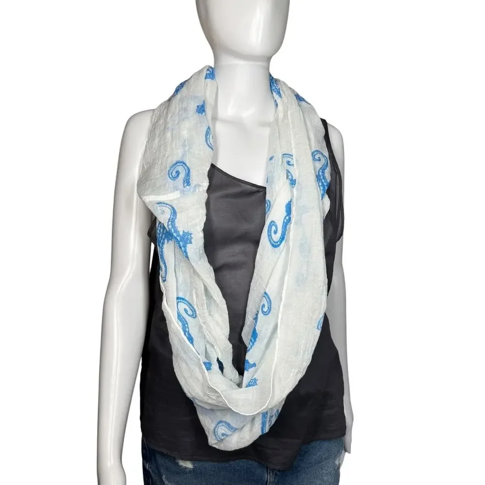 Seahorse Infinity Scarf White Gauzy Airy Lightweight Loop With Blue Print